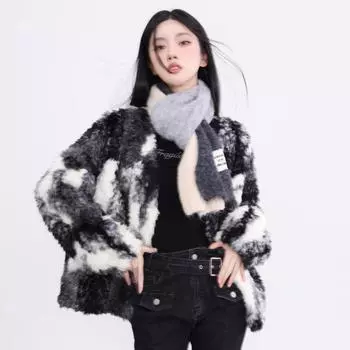 Персонализированная шуба из искусственного меха ягненка с принтом тай-дай для женщин, зимнее утолщенное плюшевое пальто черного и белого цвета для женщин 2024 года S