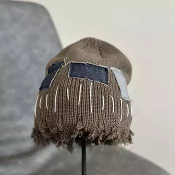 Персонализированная старая дырявая шапка для нищего, мужская и женская, осенне-зимняя, теплая, вязаная шапка для защиты ушей, уличная, хип-хоп, холодная шапка M56-58cm чёрный