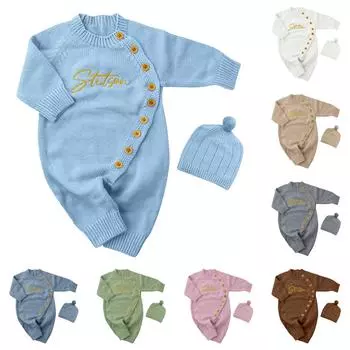 Персонализированная вышивка Детский вязаный комбинезон индивидуальный детский свитер Милая одежда для ползания 90 бежевый