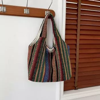 Персонализированная женская сумка Flow Canvas Rainbow Striped в этническом стиле в стиле вестерн, большая вместимость, ручная сумка через плечо для женщин коричневый