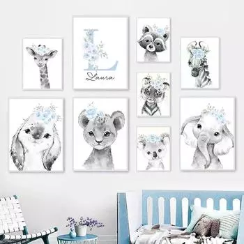 Персонализированное детское имя, украшение на стену, картина на заказ, настенный художественный постер для детской комнаты, деко в спальню, картина с животными, холст 21x30cm No Frame
