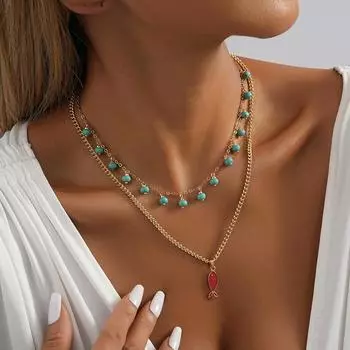 Персонализированное двухслойное ожерелье из натурального камня с бусинами из риса, простое многослойное ожерелье с подвеской в форме рыбы