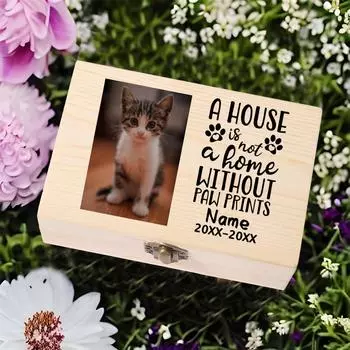 Персонализированное фото питомца Настройте имя вашего питомца Мемориальная деревянная шкатулка для хранения вещей для питомца Выгравированный отпечаток лапы Мемориальный деревянный футляр 15x10x5.2cm
