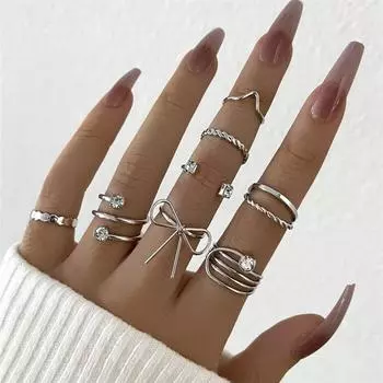 Персонализированное модное, новое простое кольцо со стразами и бантом, комбинация из 8 предметов серебряный
