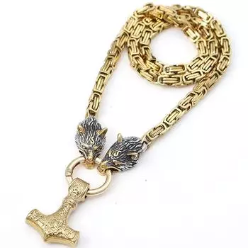 Персонализированное скандинавское мифическое ожерелье с подвеской в виде головы волка викингов, громовой молот, золотого цвета, византийский император, ювелирные изделия из нержавеющей стали 40