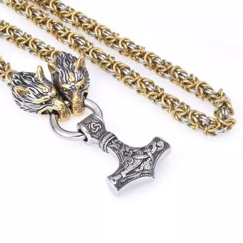 Персонализированное скандинавское викингское ожерелье с подвеской в виде Тора из нержавеющей стали, бронзовое золотое кольцо, цепочка на голову с волком 50