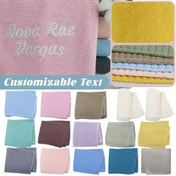 Персонализированное вышитое однотонное хлопковое трикотажное одеяло для детской коляски, хлопковое одеяло с ворсом One Size