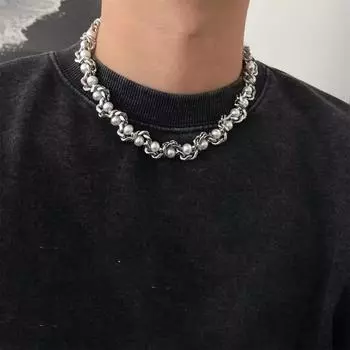 Персонализированное жемчужное ожерелье из металлической обмотки из нержавеющей стали, креативное колье для мужчин в уличном стиле серебряный