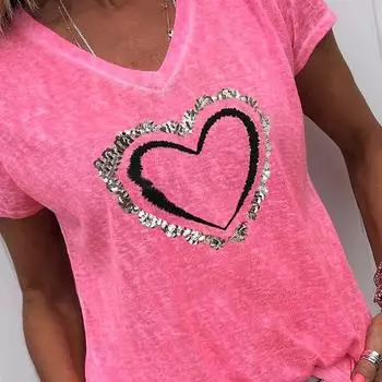 Персонализированные блузки с рисунком любви, футболки с коротким рукавом и V-образным вырезом, повседневные XS розовый