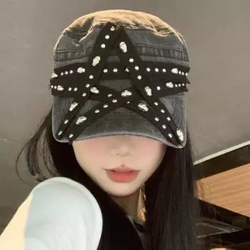 Персонализированные панк-береты с заклепками и пентаграммой, летняя мода 2000 года, солнцезащитные универсальные ретро-шляпы из выбеленного денима с плоским верхом для женщин 56-58cm черный серый