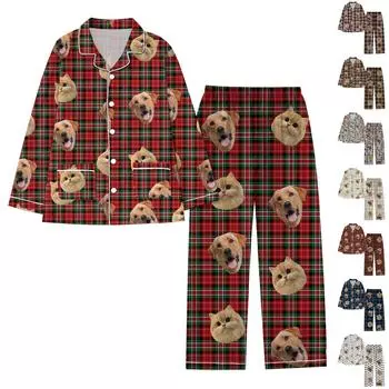 Персонализированные пижамы с лицами для мужчин и женщин, пижамы в подарок для семьи, мамы-кошки, мамы-собачки, индивидуальный рождественский комплект L синий