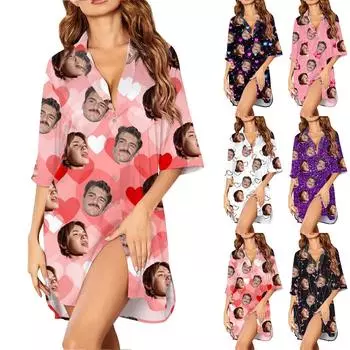 Персонализированные пижамы с лицами для мужчин и женщин, легкие рубашки, платья, пижамы, индивидуальные короткие пижамы L чёрный