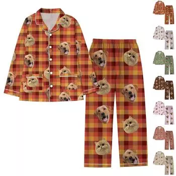Персонализированные пижамы с лицами для мужчин и женщин, пижамы в подарок для семьи, мамы-кошки, мамы-собачки, индивидуальный рождественский комплект L коричневый