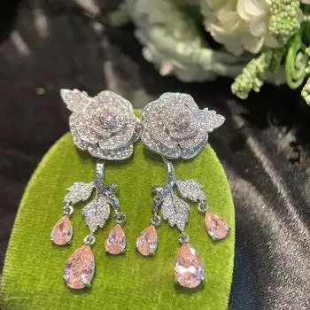Персонализированные популярные серьги «Камелия», длинные серьги «Веточка с каплями воды», популярный универсальный микро-инкрустированный циркон розовый