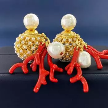 Персонализированные серьги с эмалевым красным кораллом спереди и сзади, две жемчужины, серьги-гвоздики, популярные легкие роскошные серьги золотой