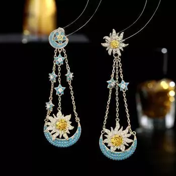 Персонализированные серьги в стиле ретро-суда, серьги-звезды, инкрустированные цирконами, асимметричные серьги с длинной бахромой в форме звезды и луны. золотой