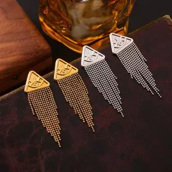 Персонализированные трендовые серьги из титановой стали с покрытием из настоящего золота 18 карат с треугольными круглыми бусинами в форме глаза дьявола и бахромой