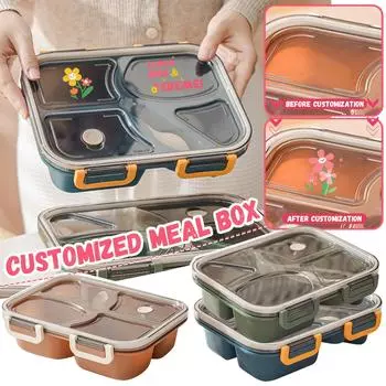 Персонализированный индивидуальный пластиковый ланч-бокс с четырьмя отделениями для студенческой столовой, ланч-бокс с отделениями для рабочего микроволнового нагрева, подарочный ланч-бокс One Size