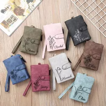 Персонализированный кошелек с индивидуальными цветами на день рождения и именем, кожаный кошелек с индивидуальными цветами на день рождения, праздничный подарок One Size чёрный