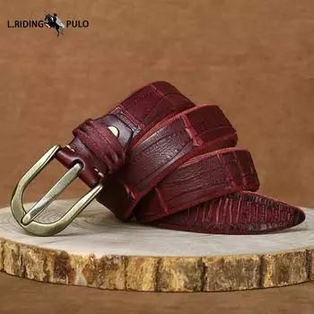 Персонализированный Модный Утолщенный Ремень из Коровьей Кожи Верхнего Слоя Мужской Ремень из Натуральной Кожи с Пряжкой-Штырьком Ретро Стиль Джинсовый Ремень с Эффектом Потертости 100cm красный