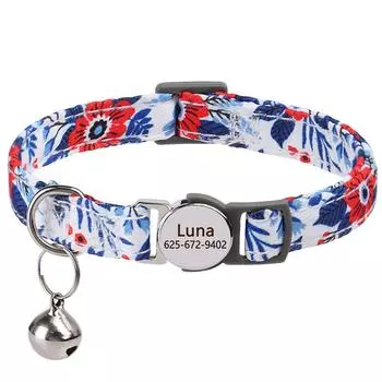 Персонализированный печатный ошейник для кошек, регулируемые ошейники для котят и щенков с бесплатной гравировкой идентификационной таблички, колокольчик, ошейники для кошек, защищающие от потери S (20-30cm)