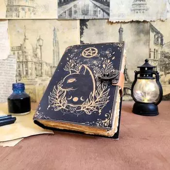 Персонализированный подарок кошке для ее кожаного альбома для рисования Dairy Journal со 100 листами бумаги с краями 7 x 5 in чёрный