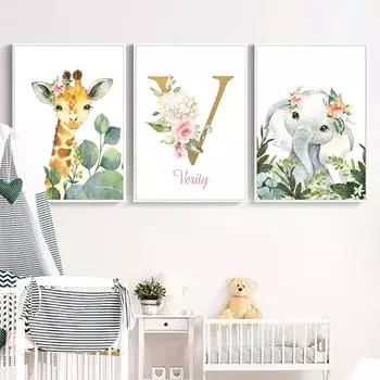 Персонализированный постер для детской комнаты, настенный художественный принт с именем ребенка, листья растений, животные, холст, картина, украшение, детская картина для спальни A4 21x30cm No Frame