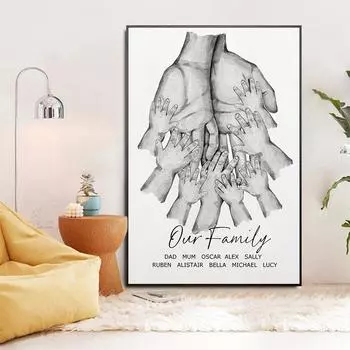 Персонализированный постер «Семейные руки с именем» Индивидуальная печать Черно-белая картина на холсте Современная настенная картина Декор для гостиной Подарки 21x30cm No Framed