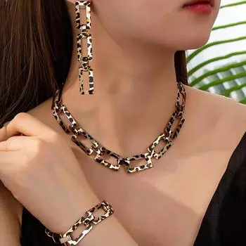 Персонализированный ретро квадратный полый леопардовый принт женский комплект ожерелья серьги браслет ювелирные изделия