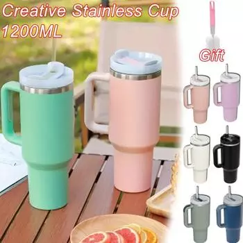 Персонализированный стакан с ручкой, крышкой, соломинкой, 40 унций, бутылка для воды из нержавеющей стали, вакуумный термос, чашка, дорожная автомобильная кофейная кружка 1200ML белый