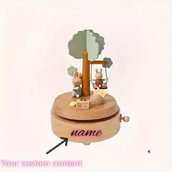 Персонализированный текст, Очаровательная деревянная музыкальная шкатулка-качели в виде кролика, Ручная работа, Декор для рабочего стола на тему животных с вращающимся основанием, Идеальный подарок на Рождество, XL-0019
