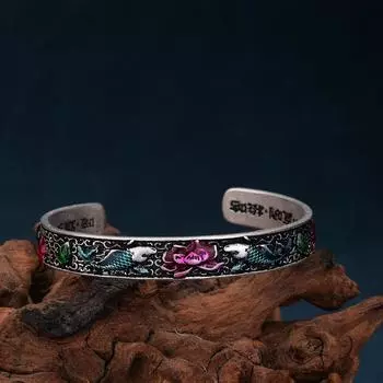 Персонализированный выжженный синий винтажный браслет с эмалью в форме сердца Сутра, перегородчатая двойная рыбка, играющий в лотос, гель, серебряный браслет, подарок на день рождения Adjustable size