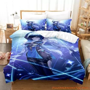 Personelity New Game Yelan Genshin Impact Bedding Set Cartoon Anime three-piece set Adult Kid Bedroom Duvetcover Sets 3D Ka AU Single(140x210cm)