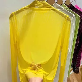 Перспективная прозрачная рубашка с сетчатым низом, женская летняя блузка с длинным рукавом, однотонная марлевая солнцезащитная одежда, ультратонкий топ с высоким воротником L чёрный