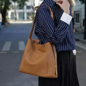 Первый слой коровьей кожи Большая вместительная женская сумка-тоут из натуральной кожи Сумка-ведро Сумка на плечо для поездок на работу чёрный