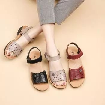 Первый слой коровьей кожи, прохладные тапочки, женские, на липучках, удобные, с плоским дном, кожаные, для женщин среднего возраста, нескользящие, кожаные, для женщин, для беременных 35 чёрный