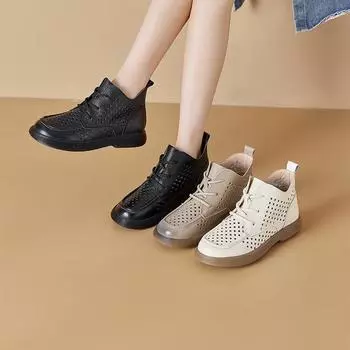 Первый слой коровьей кожи Весна подлинная кожа ажурные женские шнурованные женские кожаные ботинки большого размера повседневная обувь 35