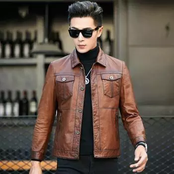 Первый слой масляно-вощеной овчины кожаная куртка мужская короткая тонкая кожаная куртка мужская повседневная куртка Locomotive Tide M чёрный