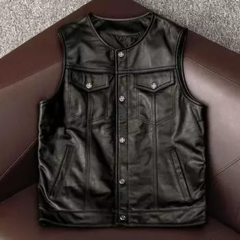 Первый слой натуральной кожи коровьей кожи мужской жилет американский повседневный тяжелый локомотивный ветровой жилет S чёрный