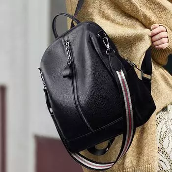 Первый слой натуральной кожи противоугонная сумка женский рюкзак пригородный большой емкости корейский модный рюкзак чёрный