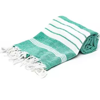 Пештемаль из стираного хлопка в зелено-белую полоску 100 x 180 см