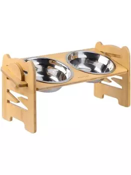 Pet Bowl Stainless Steel Bowl 2pcs 6 Height Adjustments Dog Cat Wooden [Shopingu]