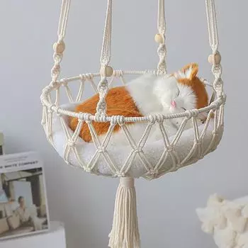 Pet Cat Hammock Hand Woven Cat Swing Tapestry Bead Rope for Cat Perch Wall Hanging Basket Sleeping Mat Home Decor белый
