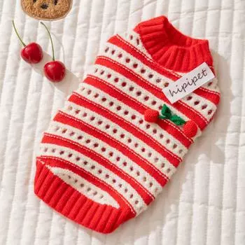 Pet clothes autumn and winter christmas needle red knitted cherry sweater teddy bear small dog two-legged dog clothes S (recommended weight 4-3 kg)