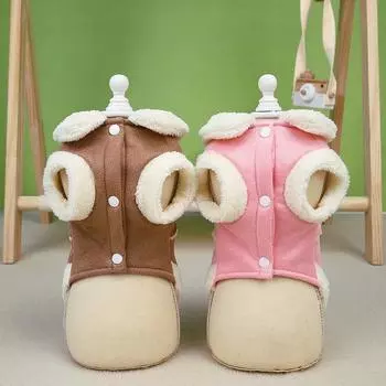 Pet clothes autumn and winter new exquisite bow suede composite fabric pet with leash ring cotton coat XS коричневый