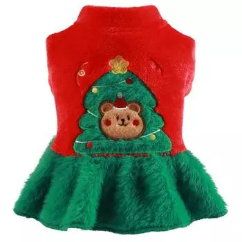 Pet clothes Christmas New Year autumn and winter velvet warm puppy dog clothing medium and small dog Christmas tree bear skirt XS - about 2-1.5kg