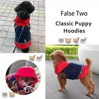 Pet Clothes Dog Jeans Jacket Layered Drawstring Hood Denim Jacket False Two Coat Clothing for Small Medium Dogs Cats Red/Black XS красный