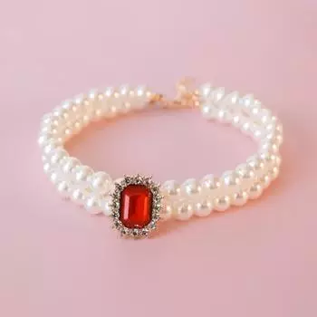 Pet Collar Cat Dog Pearl Necklace Double Stacked Premium Protein Gem Set with Rhinestones XS size (15-21cm) красный
