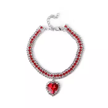 Pet Diamond Necklace Heart Diamond Pendant Collar, Neck Ring Cat Jewelry Teddy Small and Medium Dog Collar S(10-20CM) красный