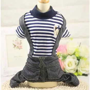Pet dog four-legged striped denim cat overalls than bear fighting cat clothes dog supplies XS